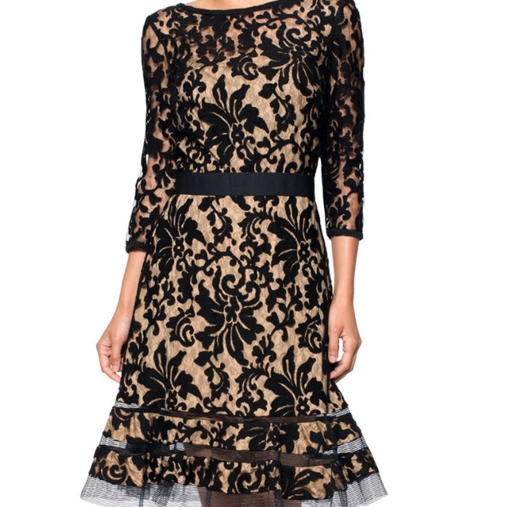 Tadashi Shoji • elbow-sleeve dress • black lace & nude lining • Size 16